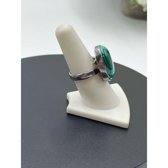 Signed Sterling silver Malachite Heart  Chakra Love Cabochon Bypass Ring 8-8.5 - Picture 3 of 11